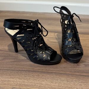 Black Lace-Up Cutout High Heel Sandals for Women